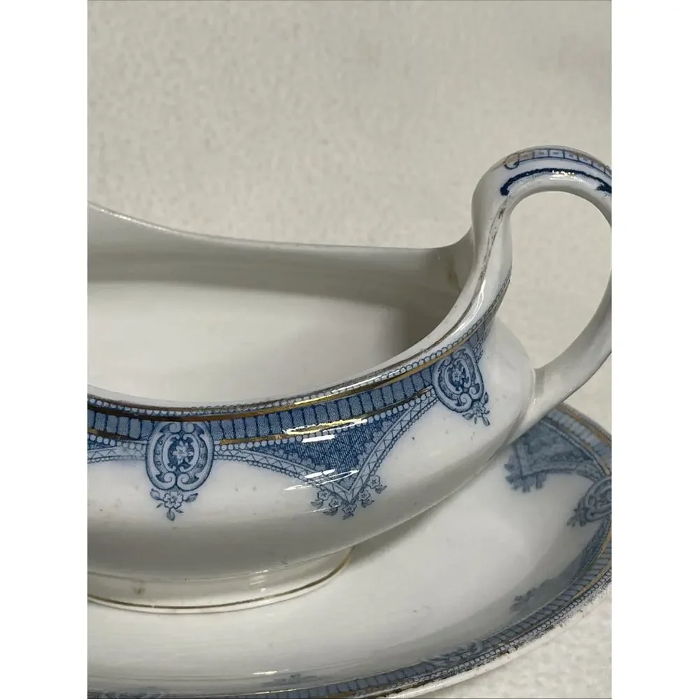 J & G Meakin Ipswich Gravy Boat and Plate - Blue, White and Gold Hanley, England